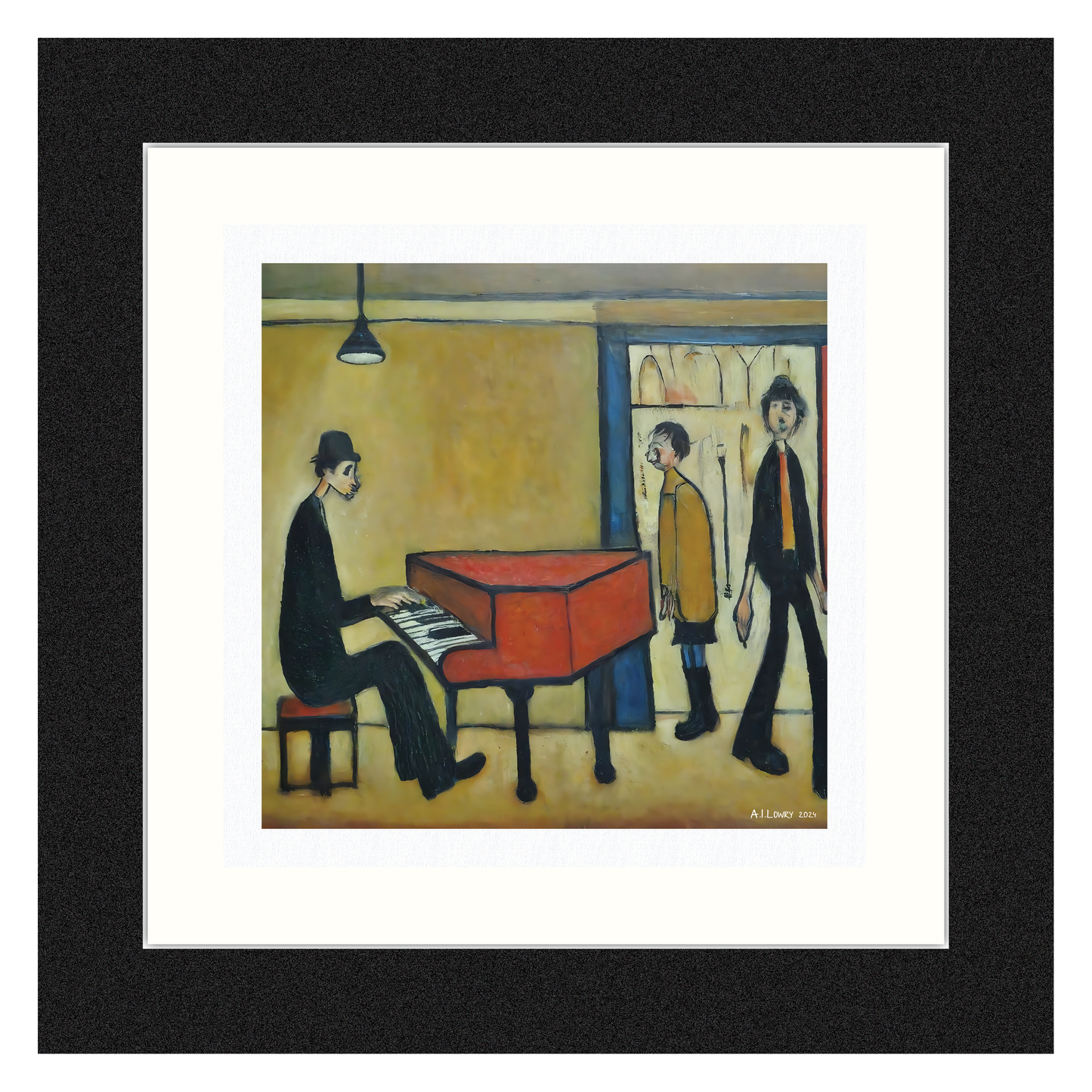 Piano Man - Giclée Art Print 12" Square Black Framed. Entertaining Image in the Style Of LS Lowry