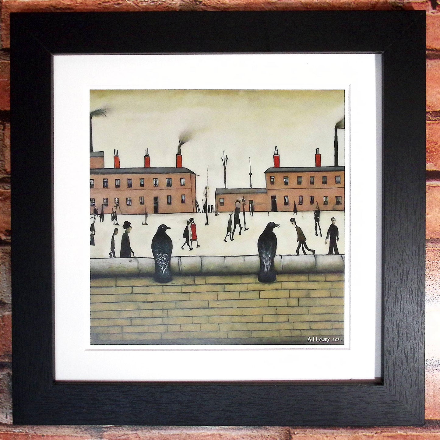 Pigeons on a Wall - Giclée Art Print 21cm Square. Delightful Image in the Style Of LS Lowry