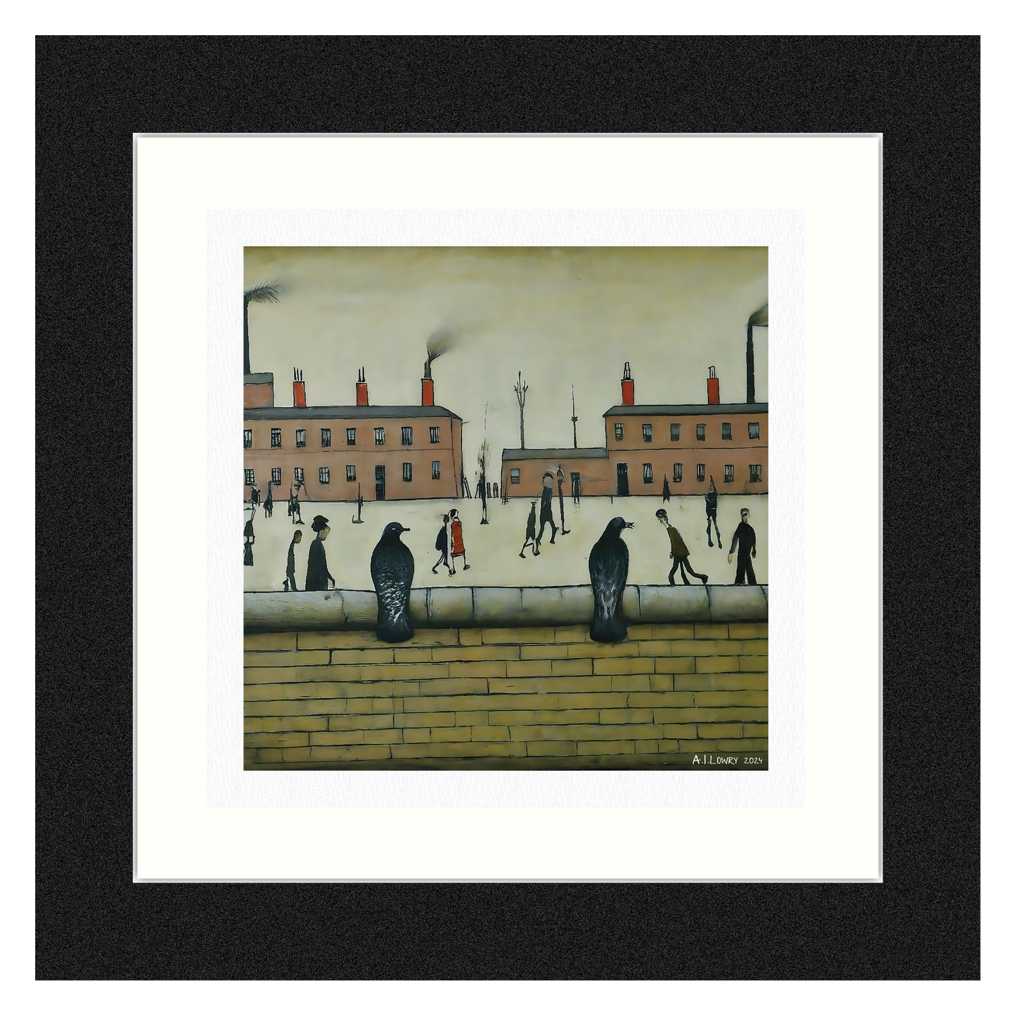 Pigeons on a Wall - Giclée Art Print 21cm Square. Delightful Image in the Style Of LS Lowry