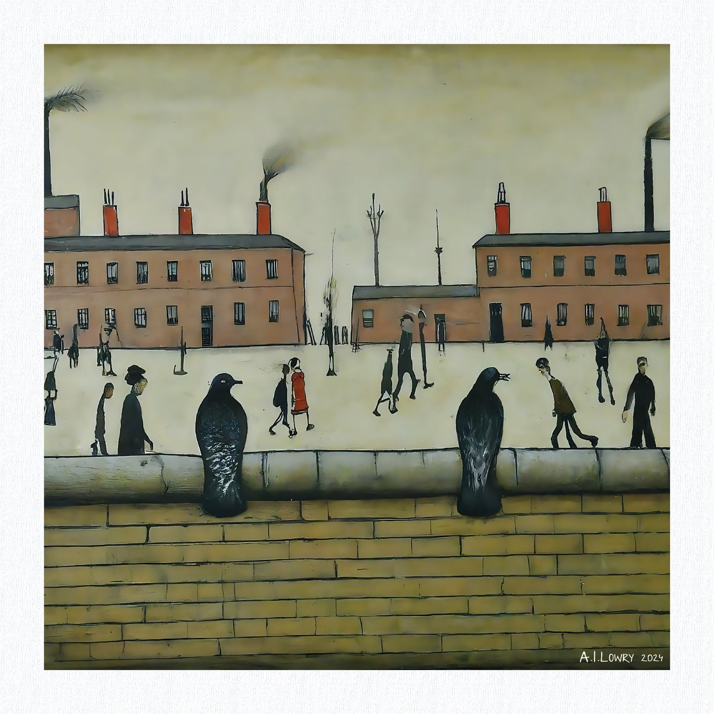 Pigeons on a Wall - Giclée Art Print 21cm Square. Delightful Image in the Style Of LS Lowry