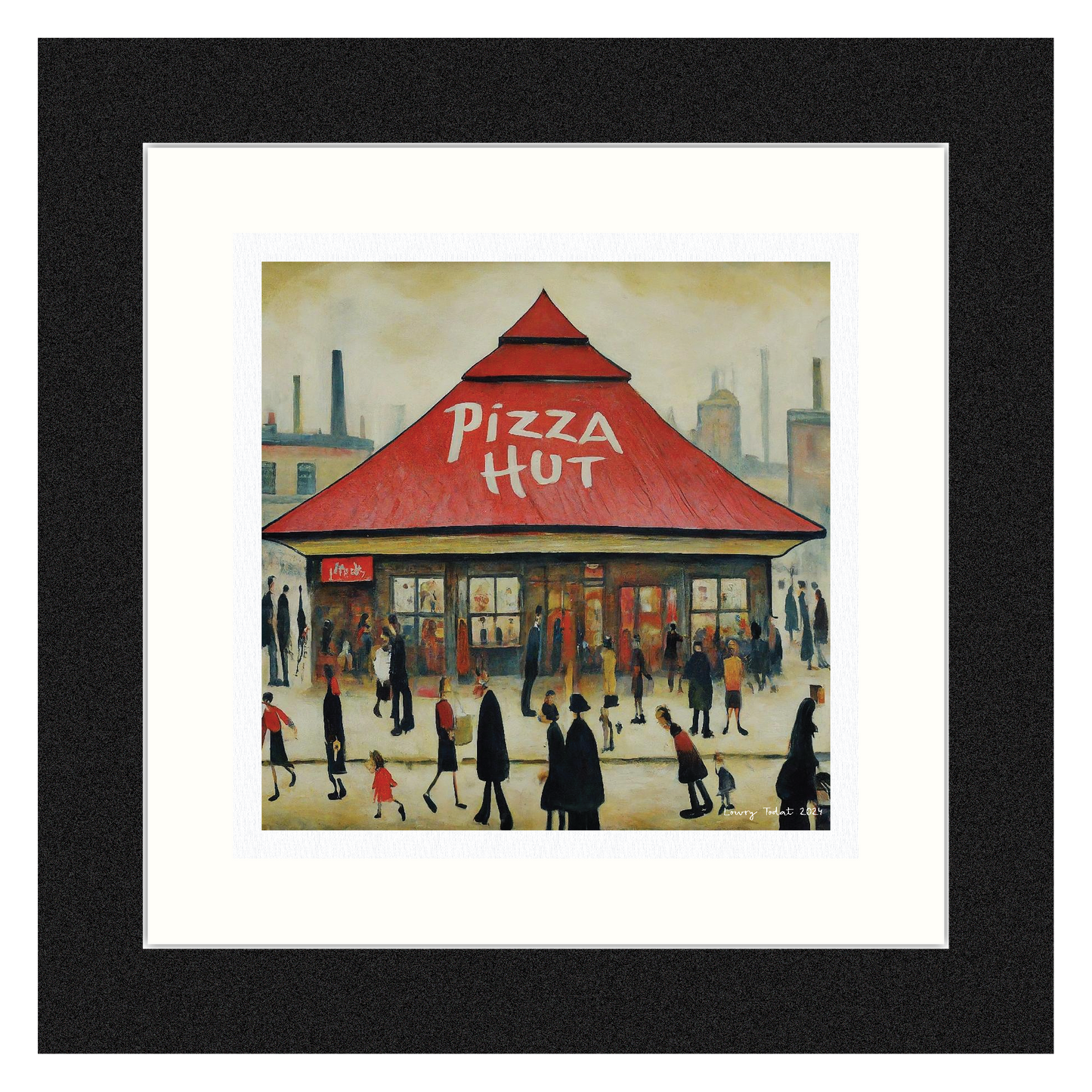 Pizza Hut - Giclée Art Print 12" Square Black Framed. Tasty Image in the Style Of LS Lowry. Ideal Gift.