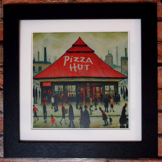 Pizza Hut - Giclée Art Print 12" Square Black Framed. Tasty Image in the Style Of LS Lowry. Ideal Gift.