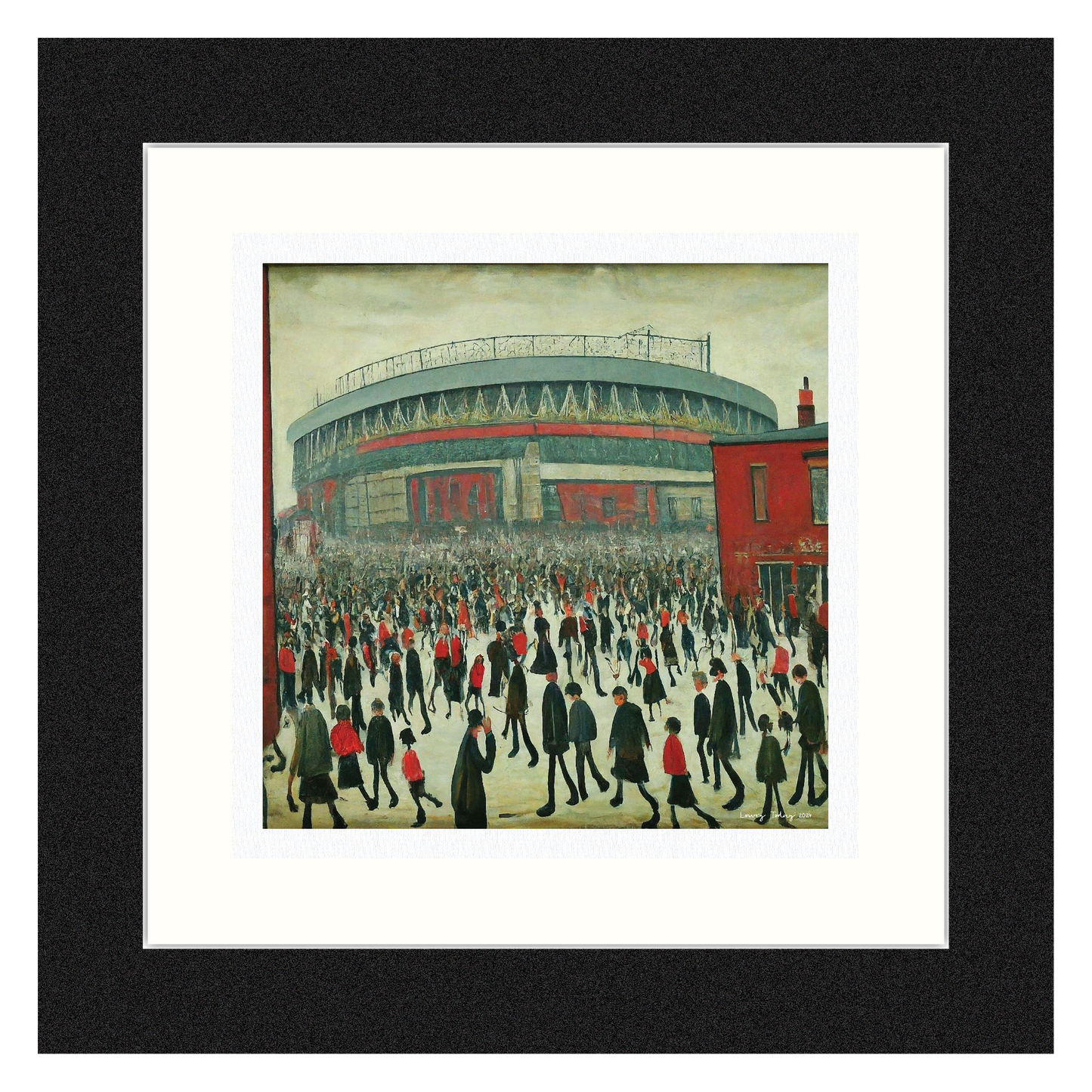 The "Red" Stadium - Giclée Art Print 12" Square Framed. Stylish Image in the Style Of LS Lowry. Ideal Gift.