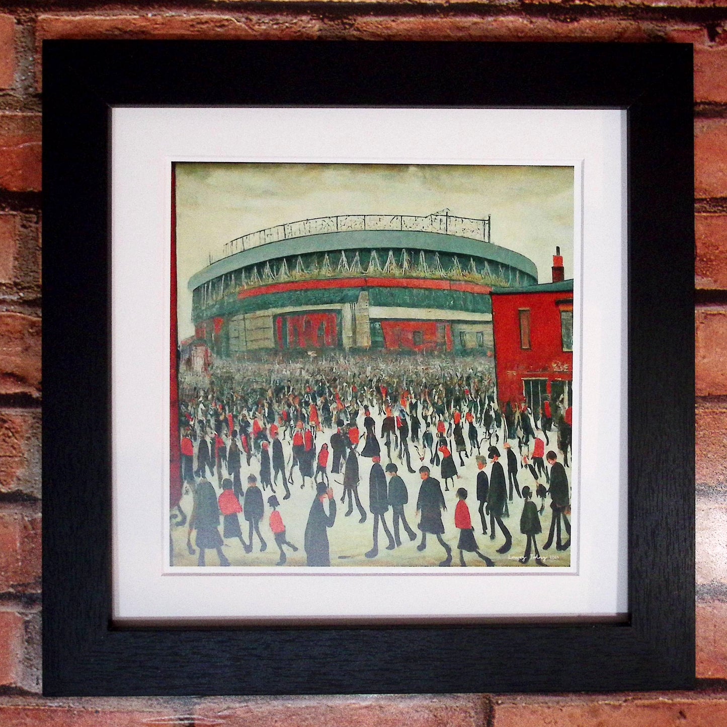The "Red" Stadium - Giclée Art Print 12" Square Framed. Stylish Image in the Style Of LS Lowry. Ideal Gift.