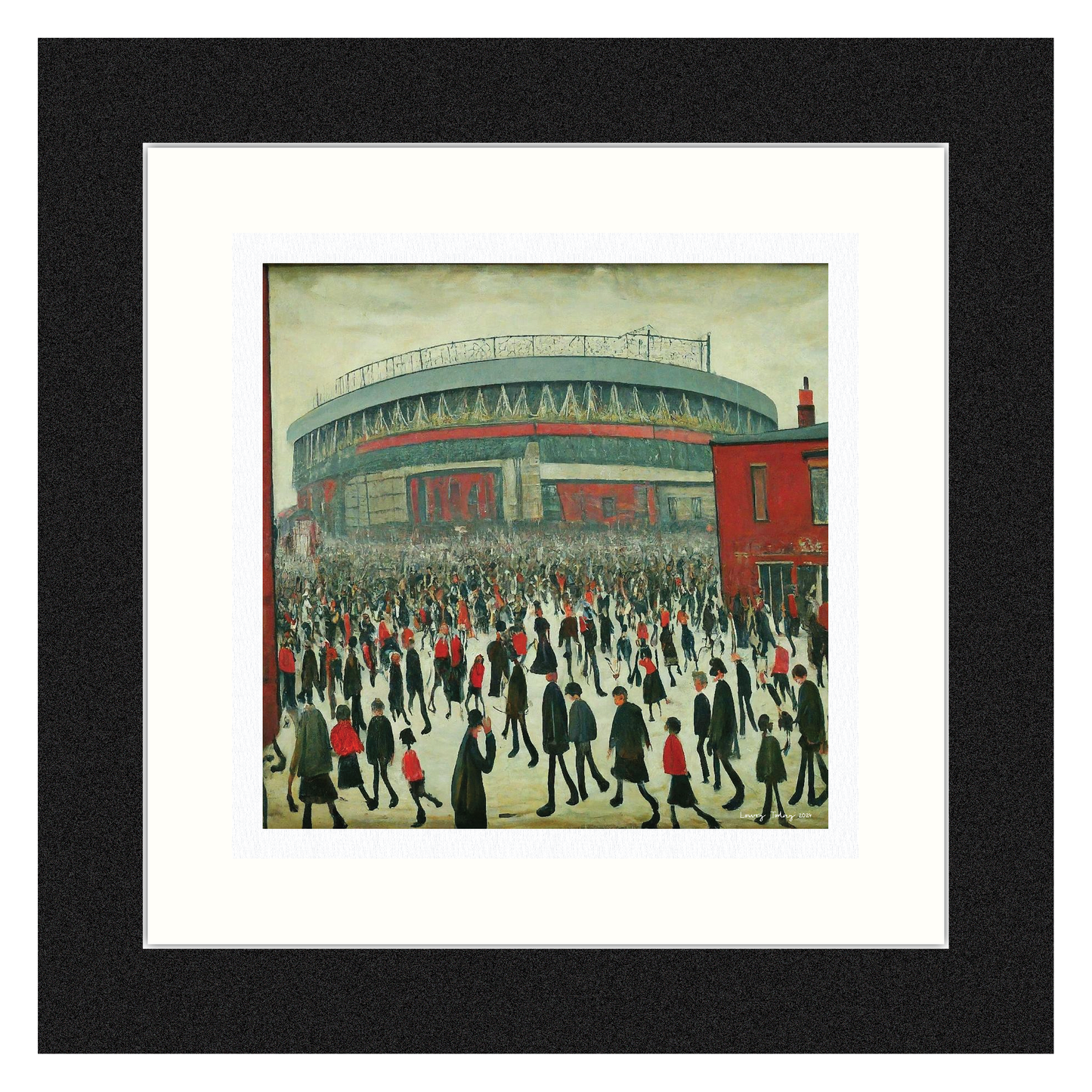 The "Red" Stadium - Giclée Art Print 12" Square Framed. Stylish Image in the Style Of LS Lowry. Ideal Gift.