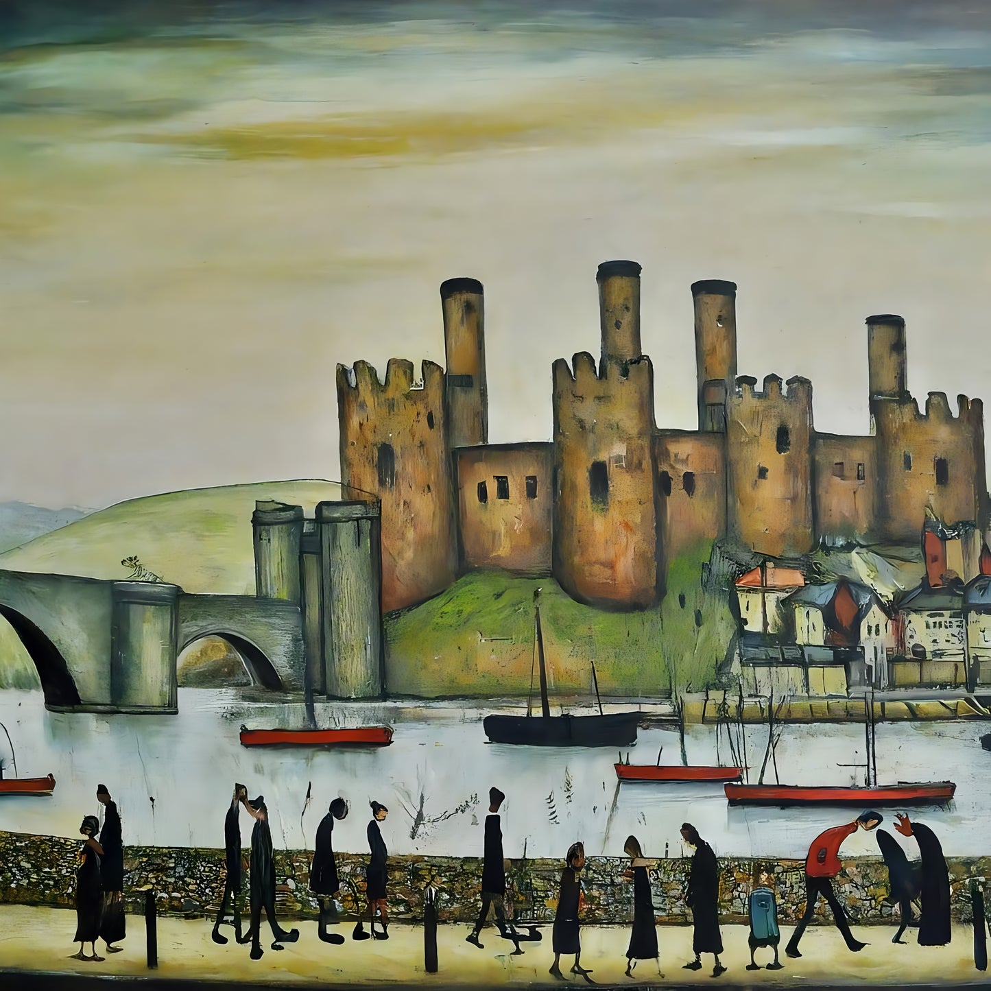 Château de Conwy - Impression d'art giclée 21 cm carré. Image classique du château gallois dans le style de LS Lowry