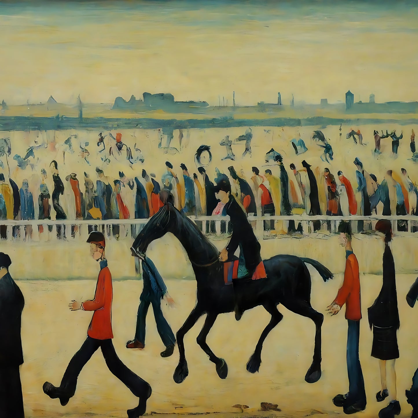 At The Races - Giclée Art Print 12" Square Black Framed. Entertaining Image in the Style Of LS Lowry. Ideal Gift.