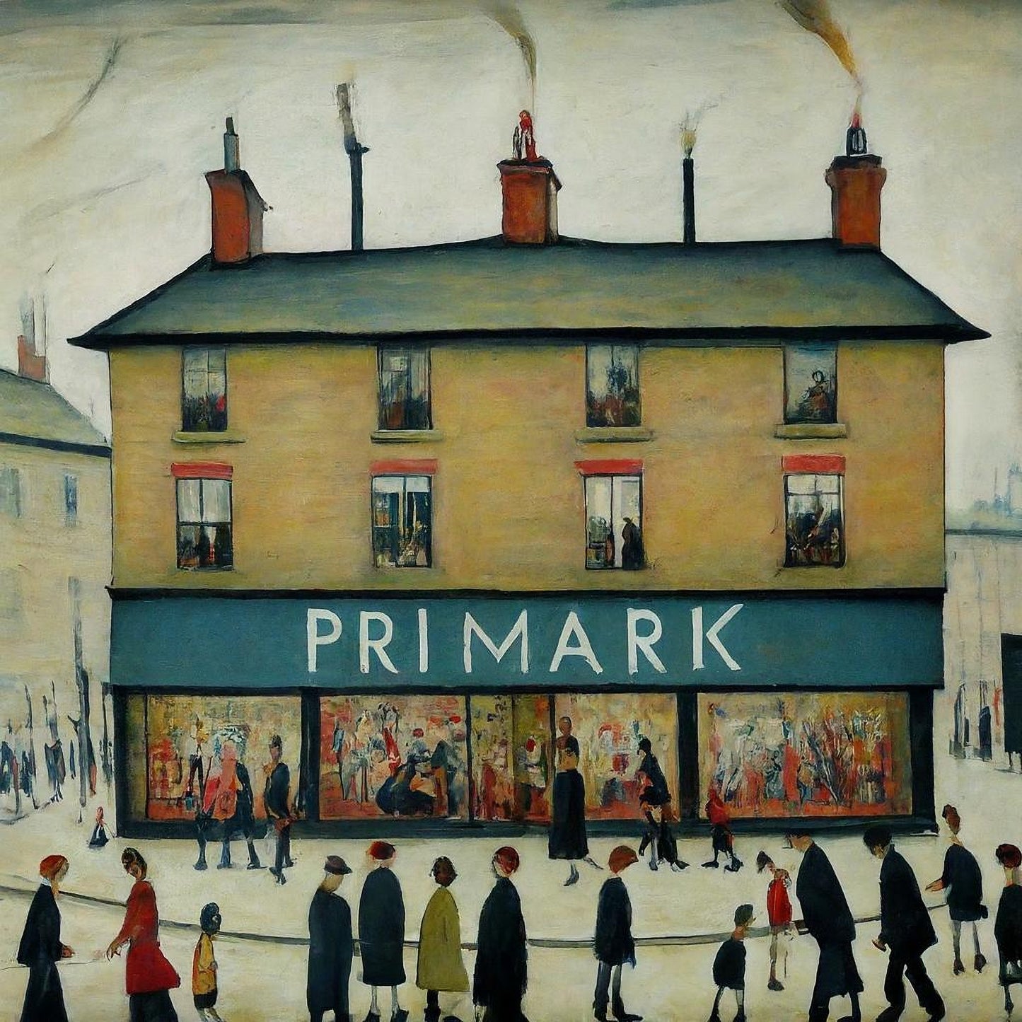 Primark - Giclée Art Print 12" Square Black Framed. Stylish Image in the Style Of LS Lowry. Ideal Gift.
