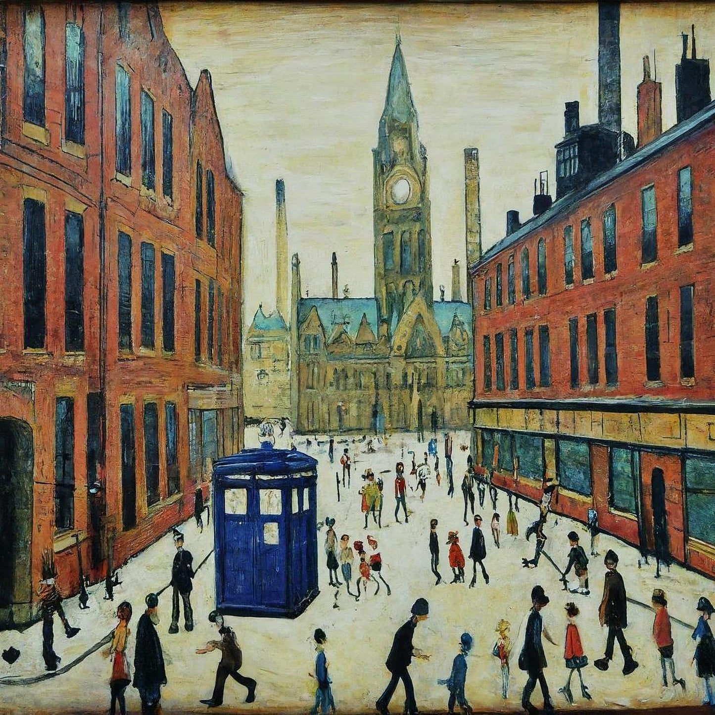 The Doctor Who Comes To Town - Giclée Art Print 12" Square Black Frame. Stylish Image in the Style Of LS Lowry. Ideal Gift.