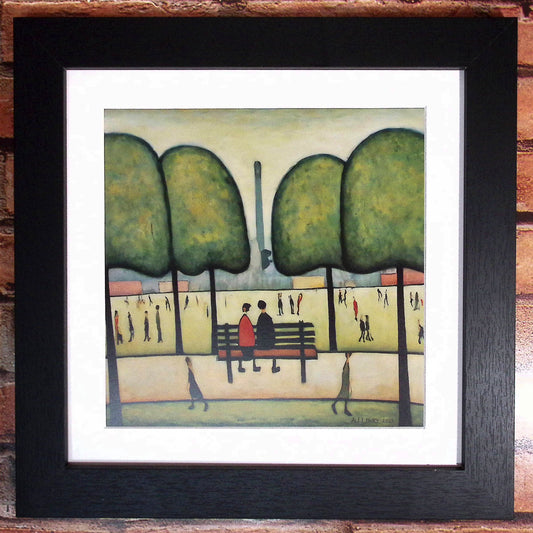 Sitting On A Bench Giclée Art Print 21cm Square. Tranquil Image in the Style Of LS Lowry