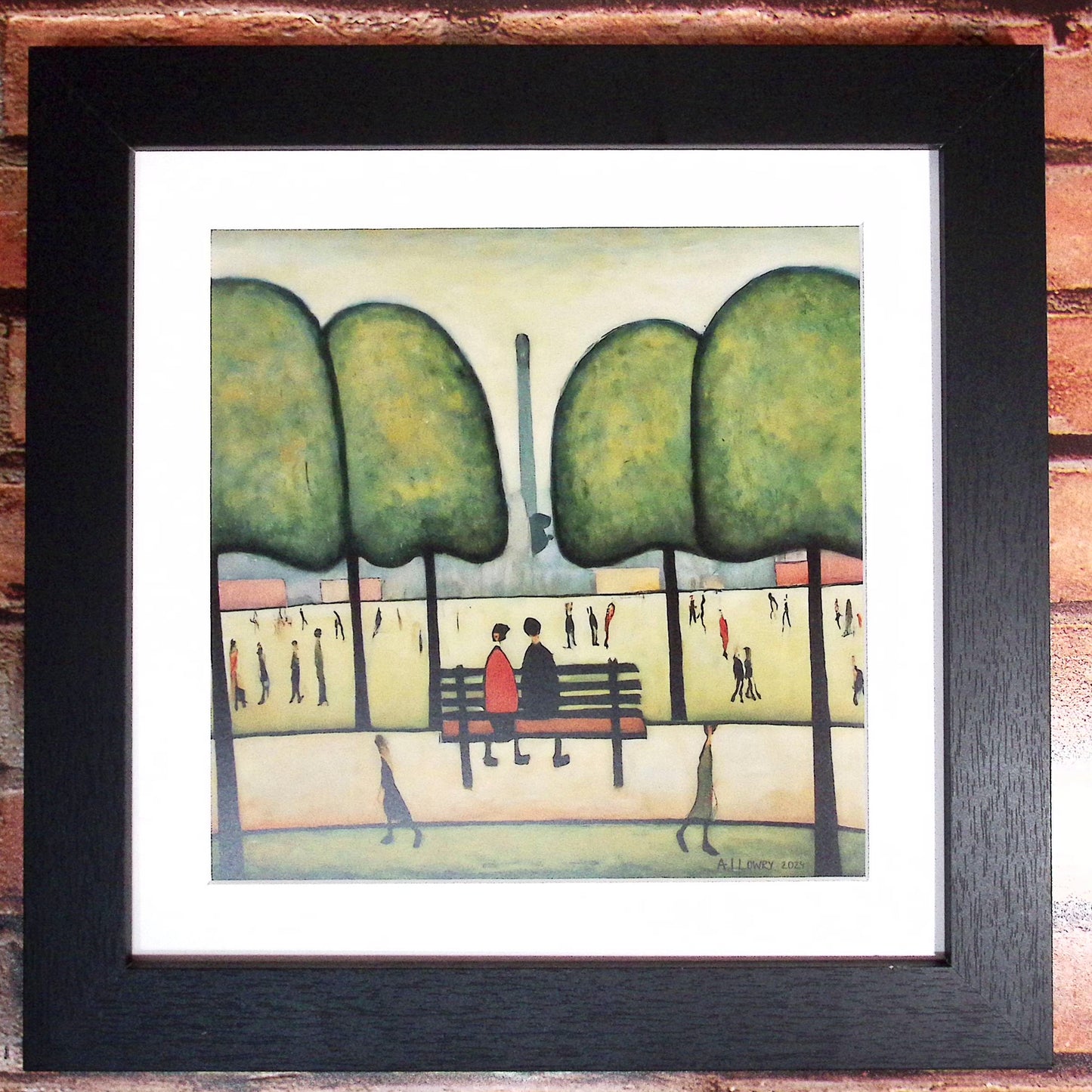 Sitting On A Bench Giclée Art Print 21cm Square. Tranquil Image in the Style Of LS Lowry