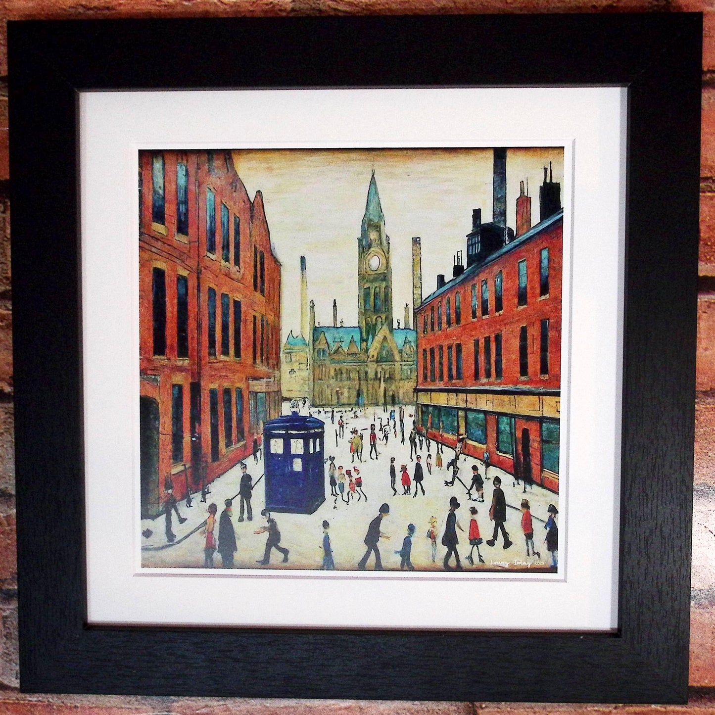 The Doctor Who Comes To Town - Giclée Art Print 12" Square Black Frame. Stylish Image in the Style Of LS Lowry. Ideal Gift.