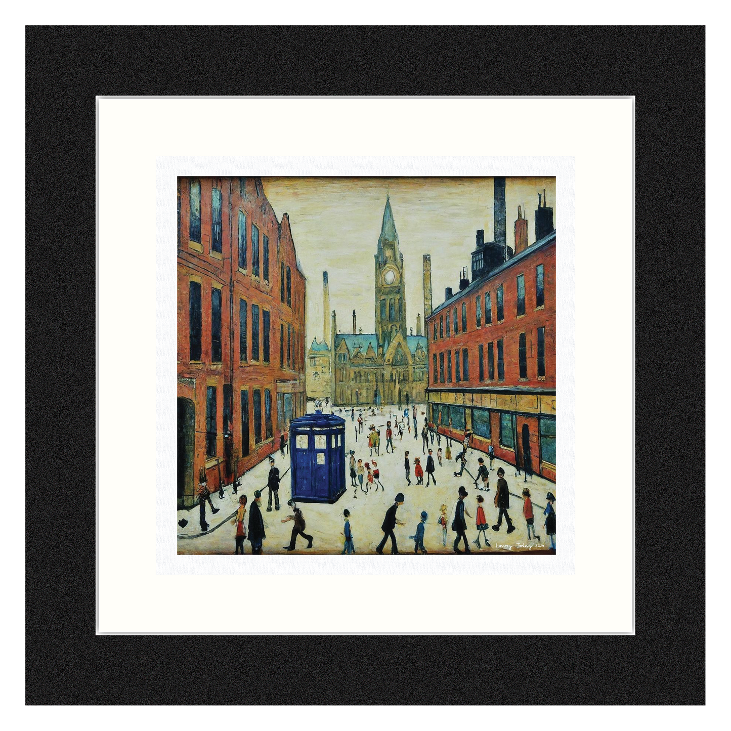 The Doctor Who Comes To Town - Giclée Art Print 12" Square Black Frame. Stylish Image in the Style Of LS Lowry. Ideal Gift.