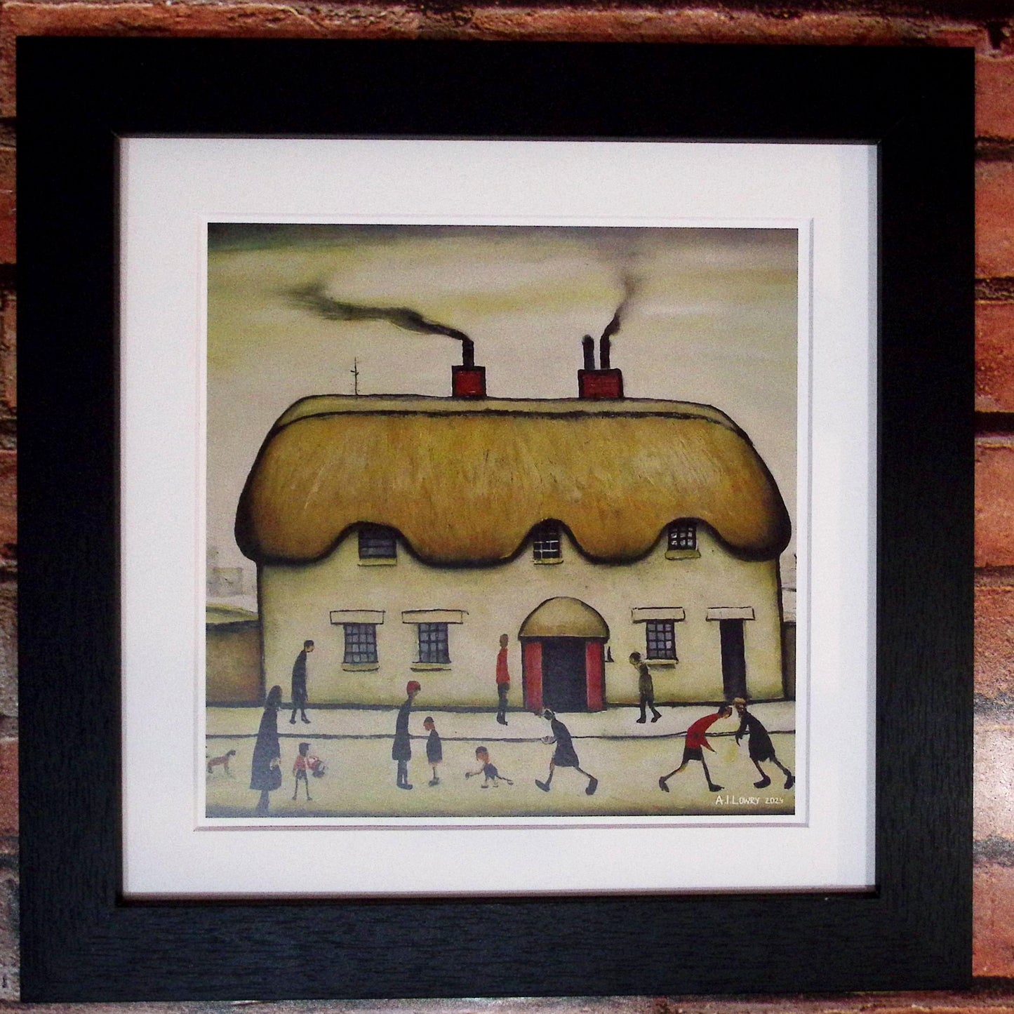 Thatched Cottage Giclée Art Print 21cm Square. Charming Image in the Style Of LS Lowry