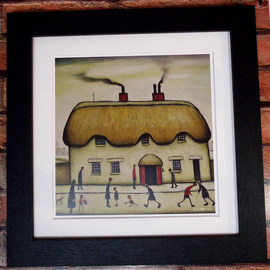 Thatched Cottage Giclée Art Print 21cm Square. Charming Image in the Style Of LS Lowry