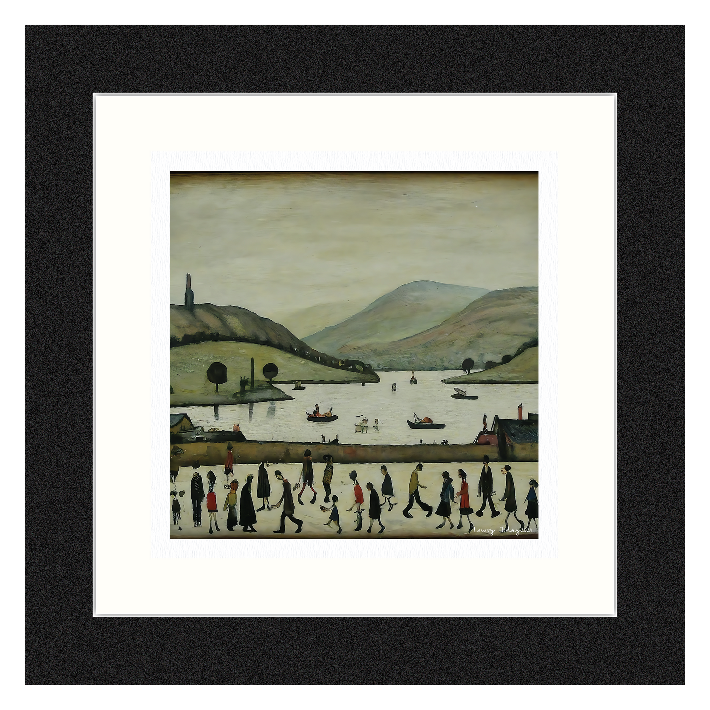 Lac Windermere - Impression d'art giclée 21 cm carré. Image gracieuse dans le style de LS Lowry