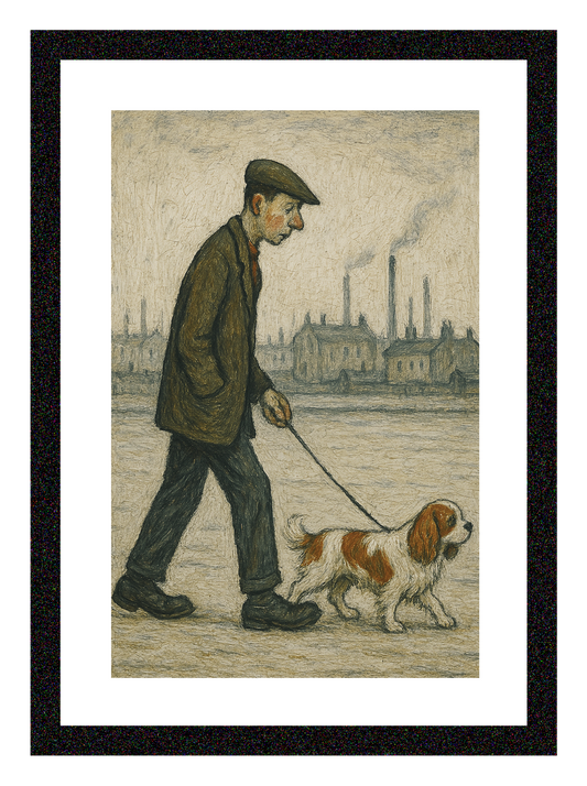 Man Walking Dog - A4 Size Giclée Art Print. Lowry Style Art Print. Available Framed and Unframed.