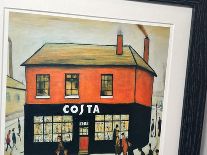 Costa Coffee - Giclée Art Print 21cm Square. Stylish Image in the Style Of LS Lowry. Ideal Gift.