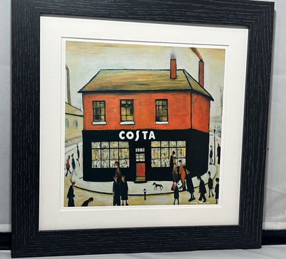 Costa Coffee - Giclée Art Print 21cm Square. Stylish Image in the Style Of LS Lowry. Ideal Gift.