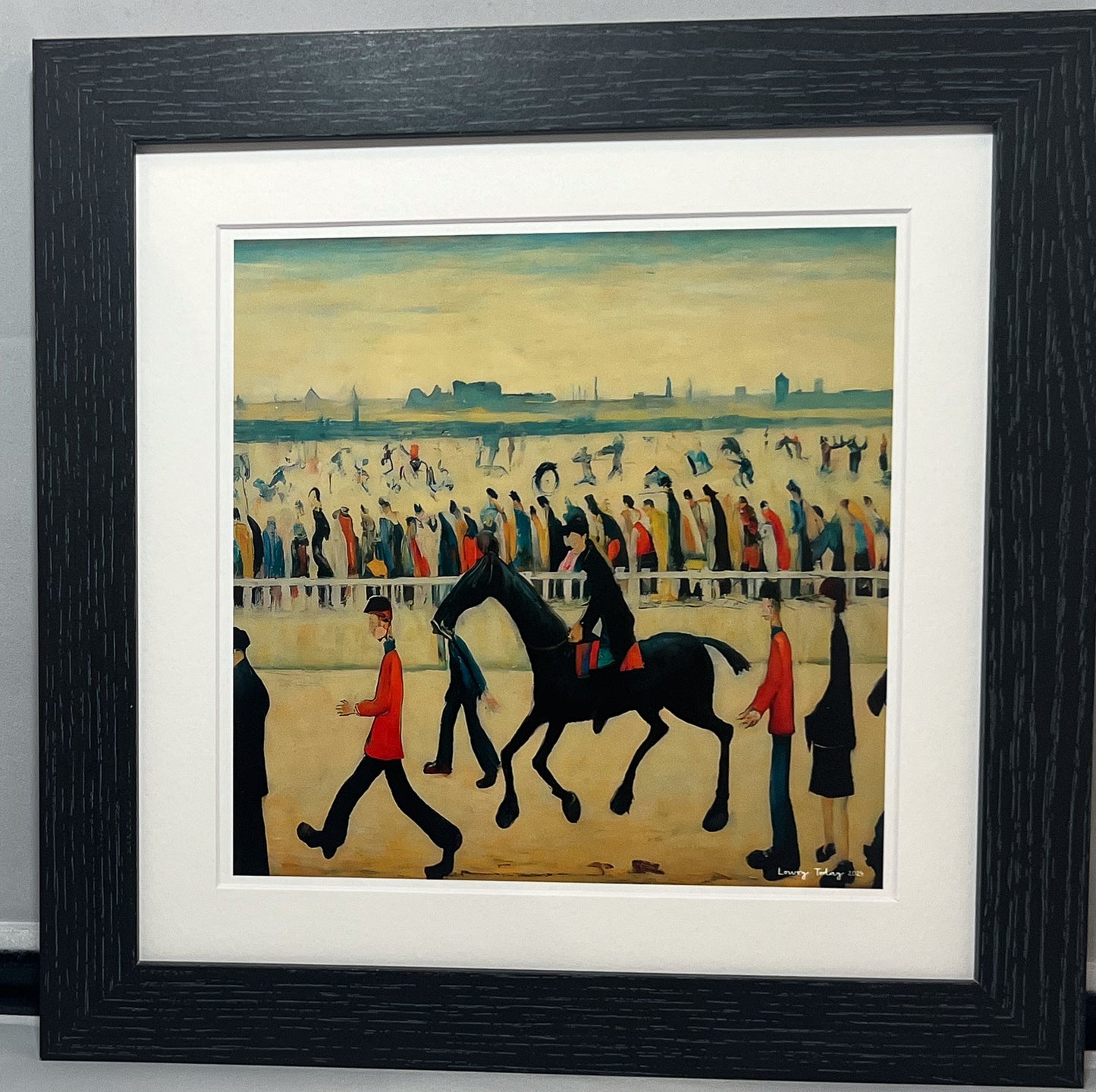 At The Races - Giclée Art Print 21cm Square. Entertaining Image in the Style Of LS Lowry. Ideal Gift.