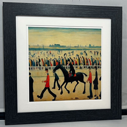 At The Races - Giclée Art Print 21cm Square. Entertaining Image in the Style Of LS Lowry. Ideal Gift.