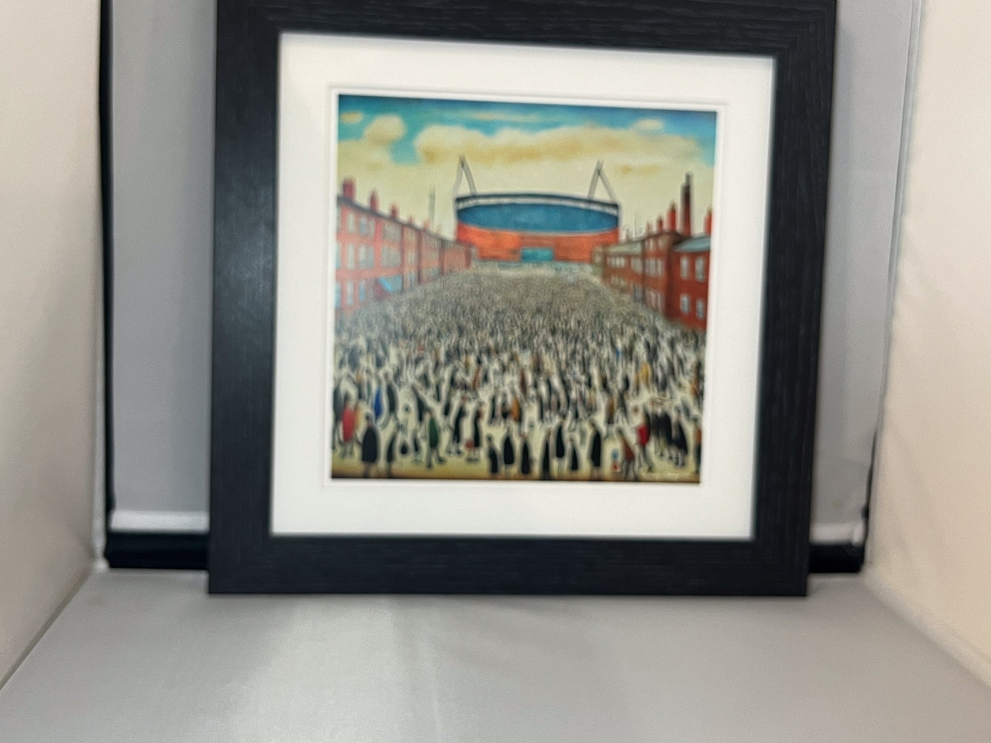 The "Blue" Stadium - Giclée Art Print 21cm Square. Stylish Image in the Style Of LS Lowry. Ideal Gift.