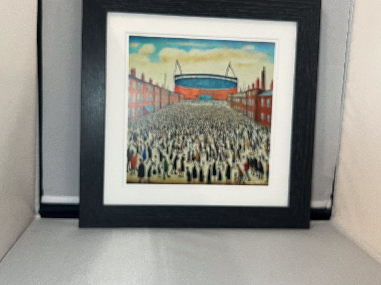 The "Blue" Stadium - Giclée Art Print 21cm Square. Stylish Image in the Style Of LS Lowry. Ideal Gift.