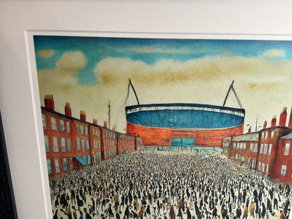 The "Blue" Stadium - Giclée Art Print 21cm Square. Stylish Image in the Style Of LS Lowry. Ideal Gift.