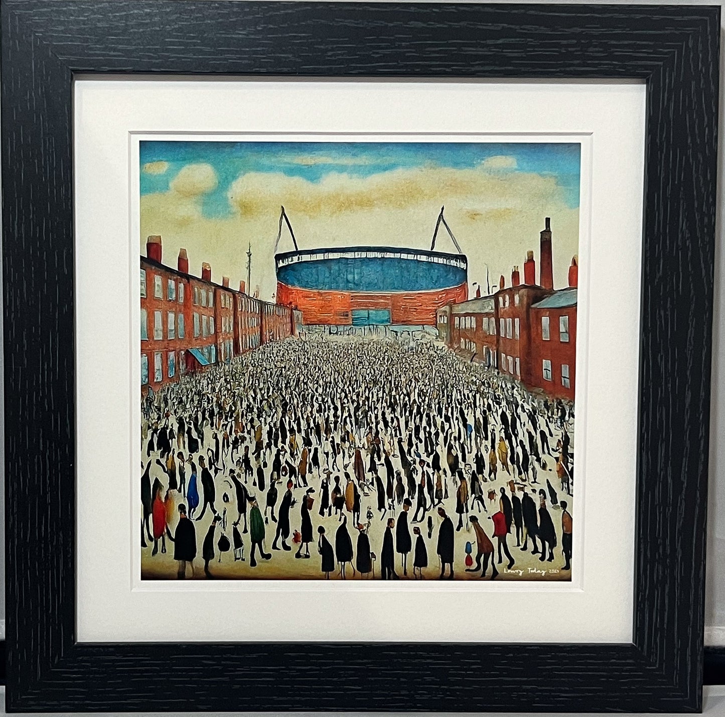 The "Blue" Stadium - Giclée Art Print 21cm Square. Stylish Image in the Style Of LS Lowry. Ideal Gift.