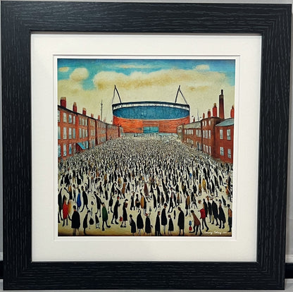 The "Blue" Stadium - Giclée Art Print 21cm Square. Stylish Image in the Style Of LS Lowry. Ideal Gift.