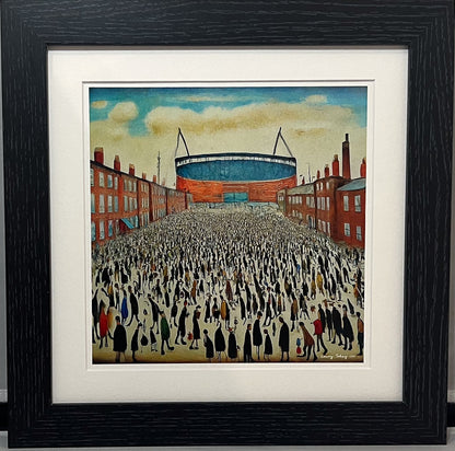 The "Blue" Stadium - Giclée Art Print 21cm Square. Stylish Image in the Style Of LS Lowry. Ideal Gift.