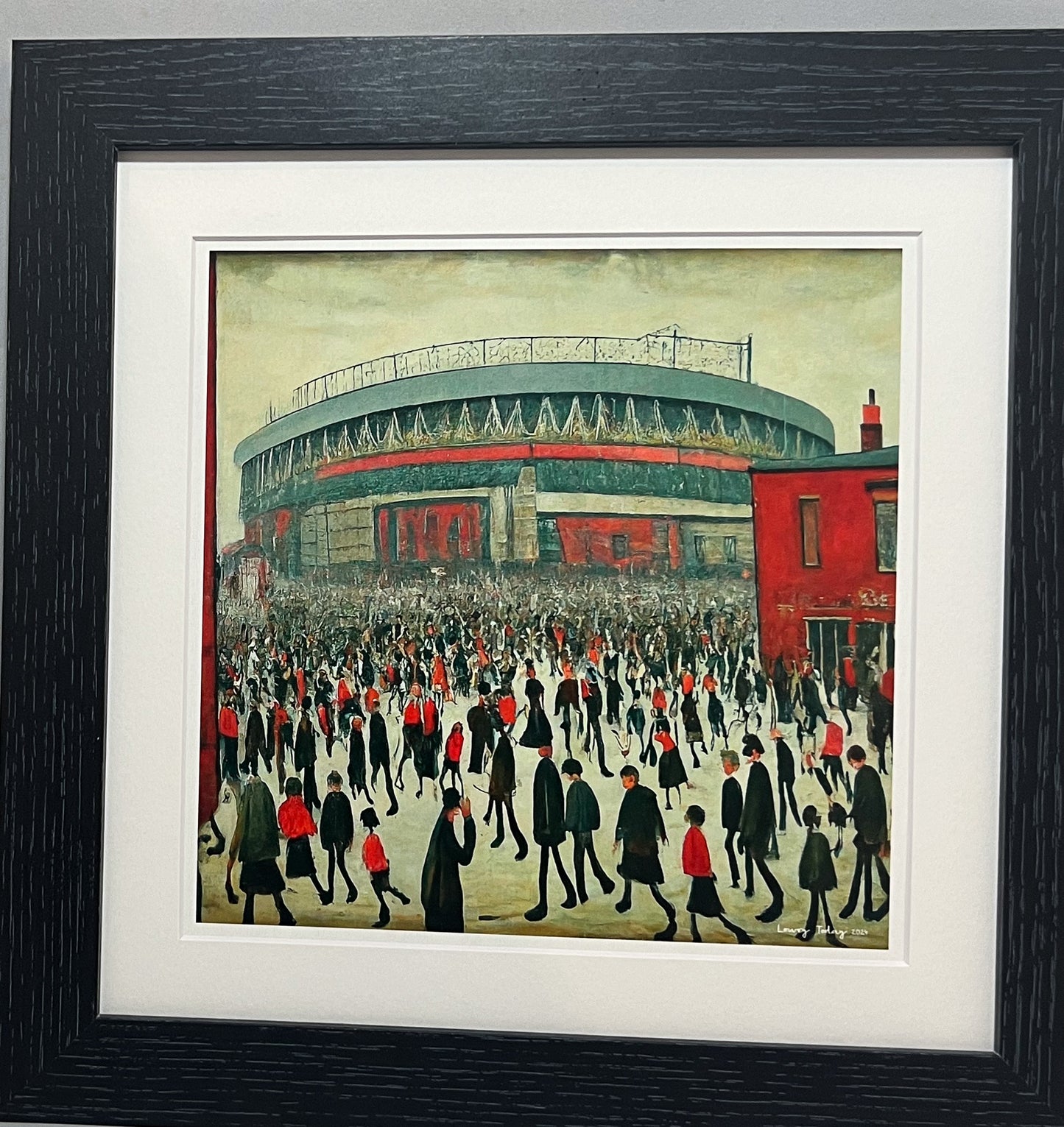 The "Red" Stadium - Giclée Art Print 21cm Square. Stylish Image in the Style Of LS Lowry. Ideal Gift.