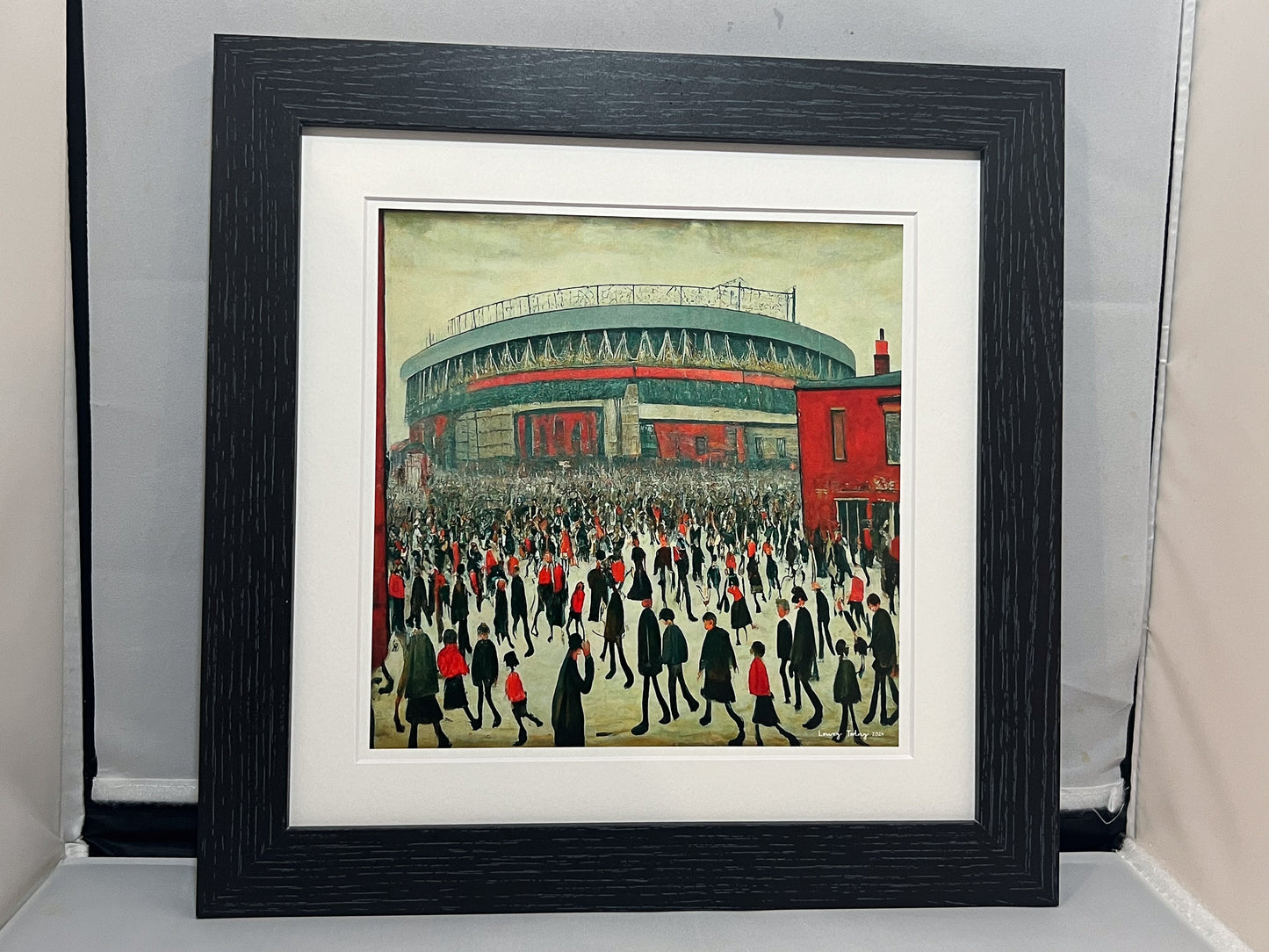 The "Red" Stadium - Giclée Art Print 21cm Square. Stylish Image in the Style Of LS Lowry. Ideal Gift.