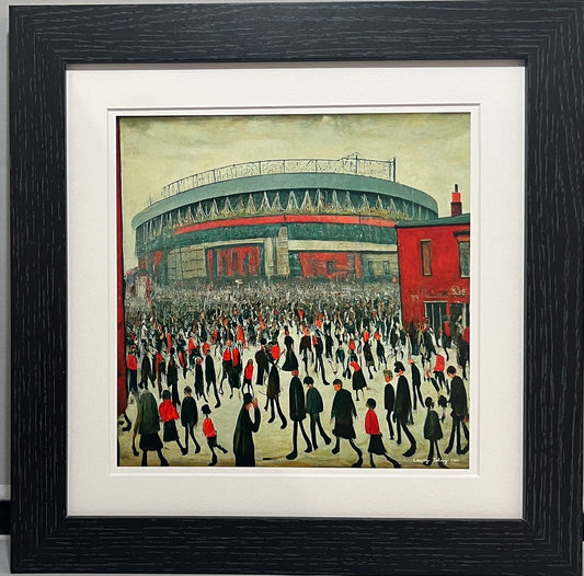 The "Red" Stadium - Giclée Art Print 21cm Square. Stylish Image in the Style Of LS Lowry. Ideal Gift.