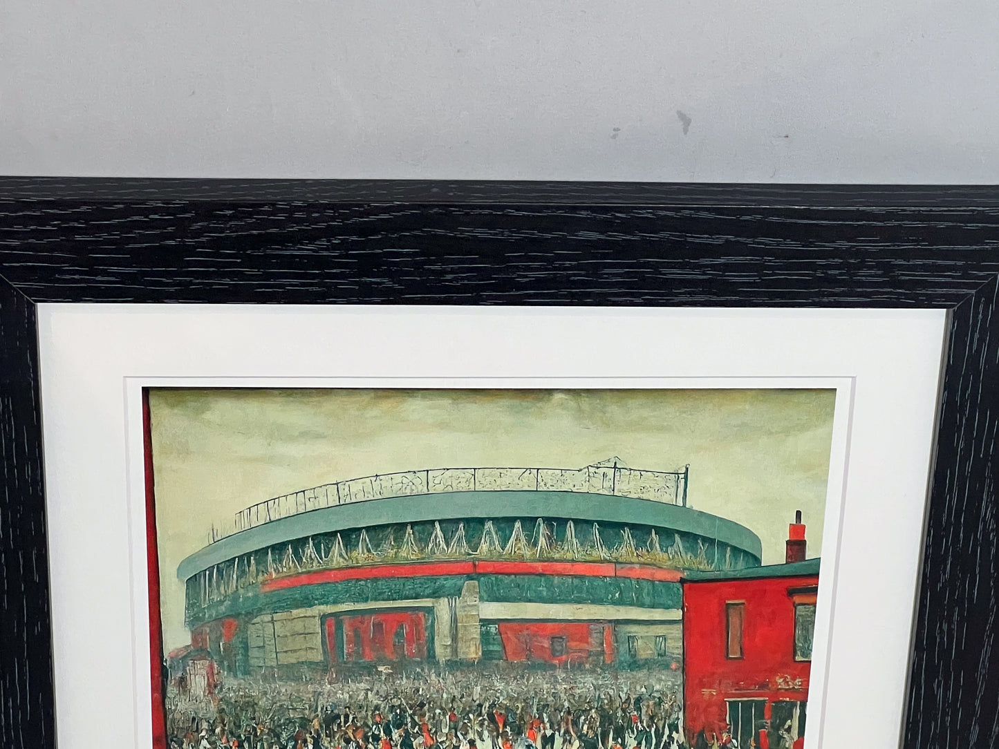 The "Red" Stadium - Giclée Art Print 21cm Square. Stylish Image in the Style Of LS Lowry. Ideal Gift.