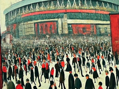 The "Red" Stadium - Giclée Art Print 21cm Square. Stylish Image in the Style Of LS Lowry. Ideal Gift.