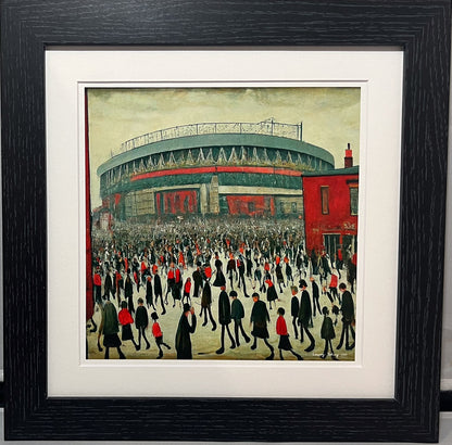 The "Red" Stadium - Giclée Art Print 21cm Square. Stylish Image in the Style Of LS Lowry. Ideal Gift.