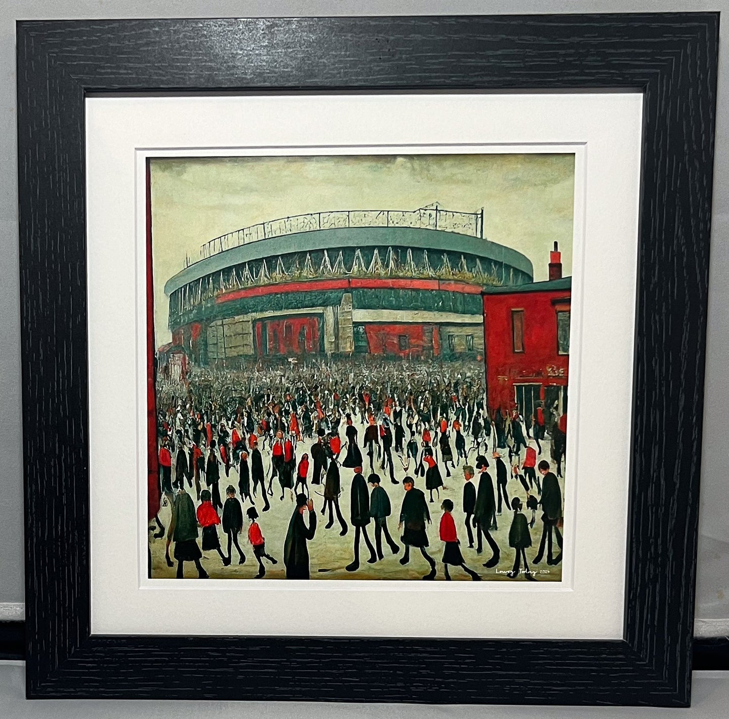 The "Red" Stadium - Giclée Art Print 21cm Square. Stylish Image in the Style Of LS Lowry. Ideal Gift.