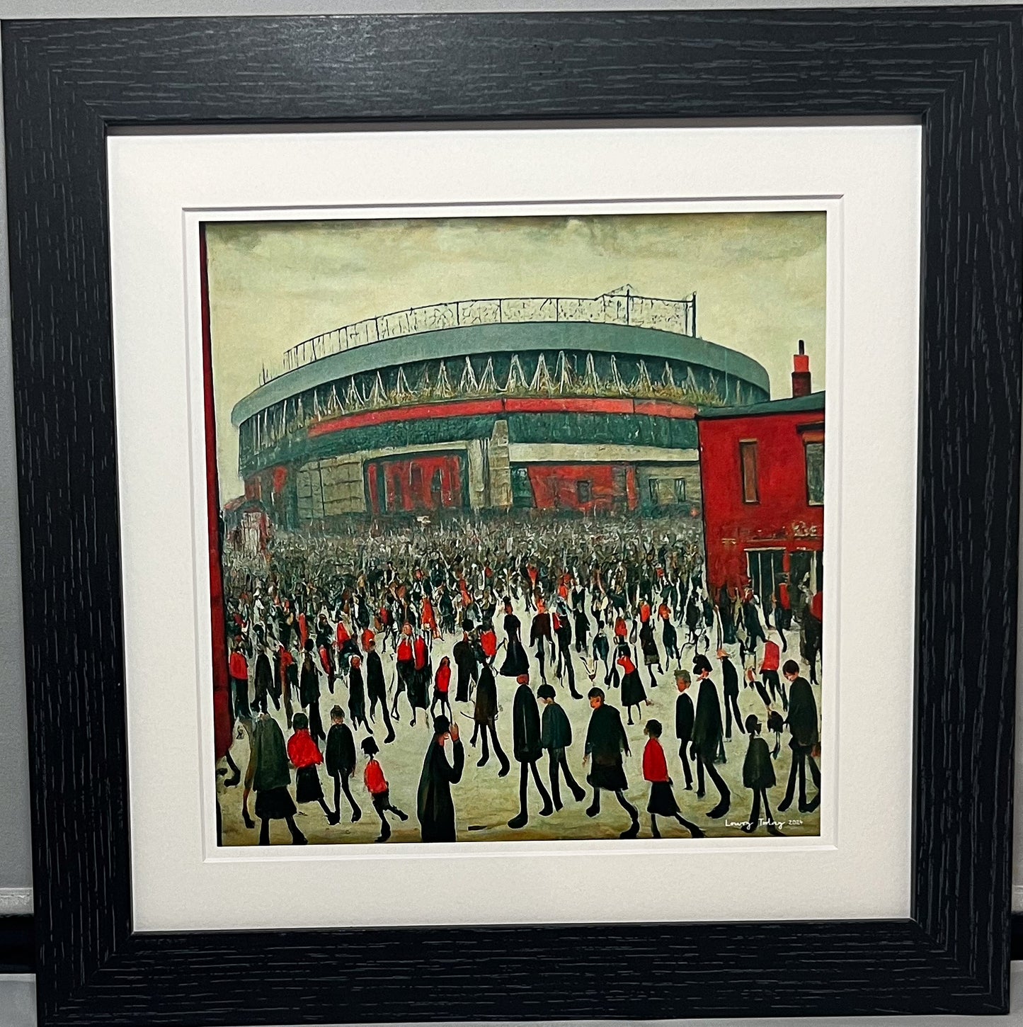 The "Red" Stadium - Giclée Art Print 21cm Square. Stylish Image in the Style Of LS Lowry. Ideal Gift.