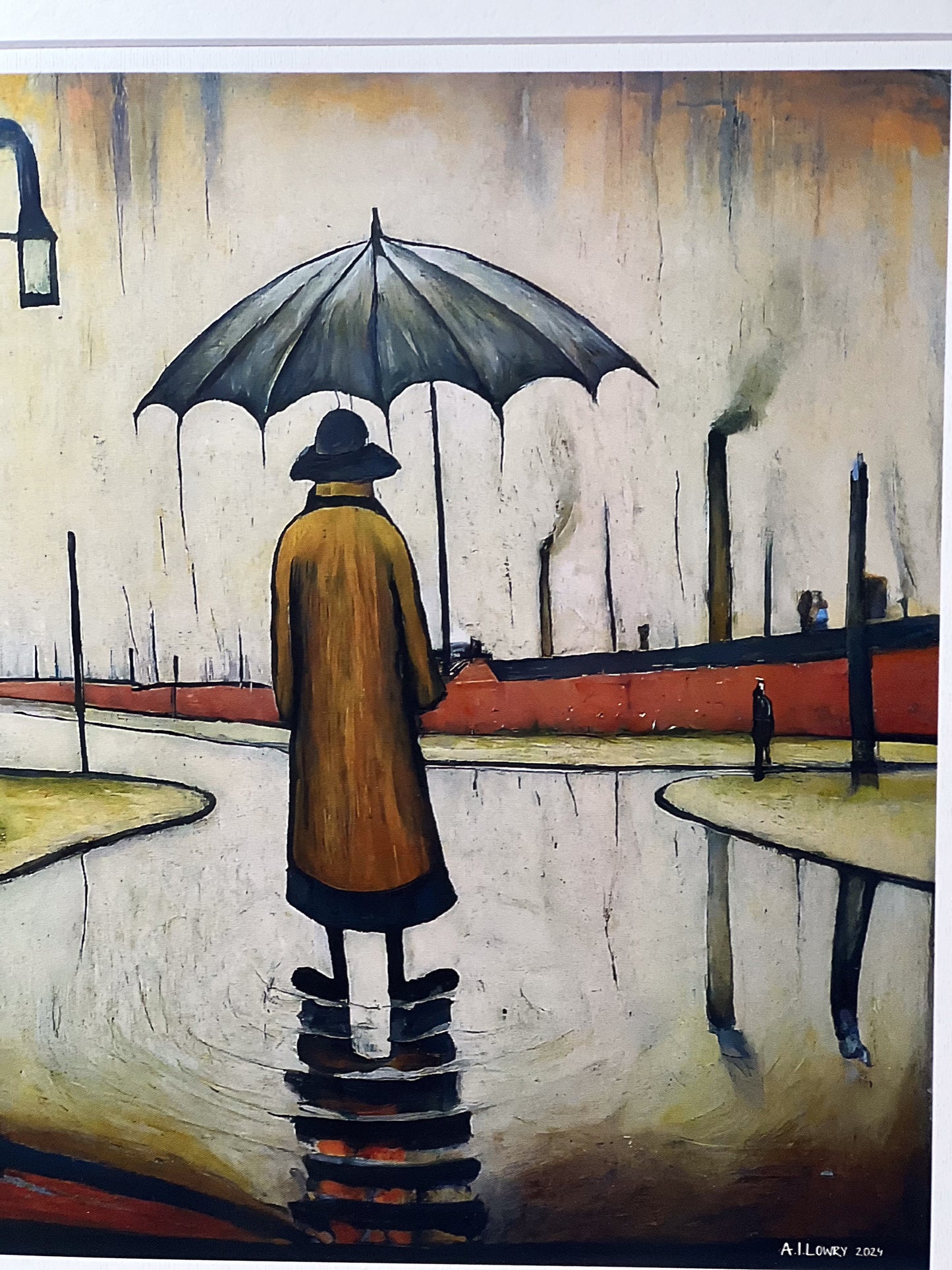 Beautiful British Day, Man in the Rain - Giclée Art Print 21cm Square. Glorious Image in the Style Of LS Lowry