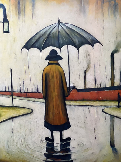 Beautiful British Day, Man in the Rain - Giclée Art Print 21cm Square. Glorious Image in the Style Of LS Lowry