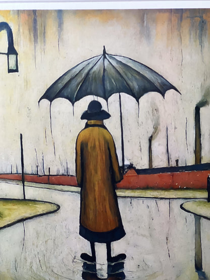 Beautiful British Day, Man in the Rain - Giclée Art Print 21cm Square. Glorious Image in the Style Of LS Lowry