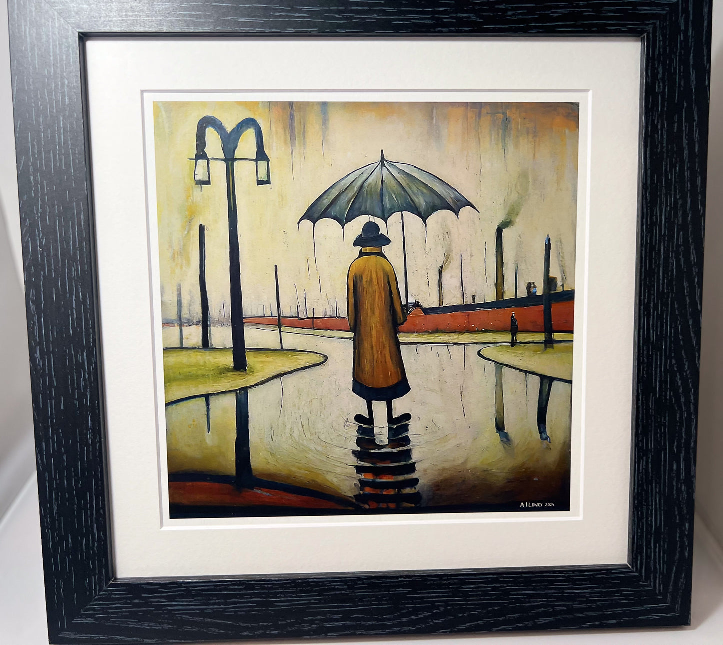 Beautiful British Day, Man in the Rain - Giclée Art Print 21cm Square. Glorious Image in the Style Of LS Lowry