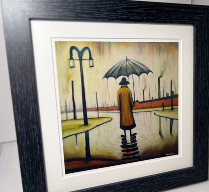 Beautiful British Day, Man in the Rain - Giclée Art Print 21cm Square. Glorious Image in the Style Of LS Lowry