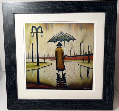 Beautiful British Day, Man in the Rain - Giclée Art Print 21cm Square. Glorious Image in the Style Of LS Lowry