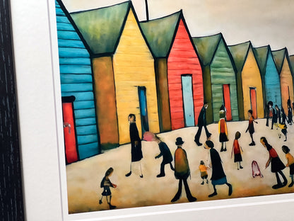 Brighton Beach Huts - Giclée Art Print 21cm Square. Endearing Image in the Style Of LS Lowry