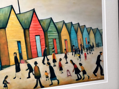 Brighton Beach Huts - Giclée Art Print 21cm Square. Endearing Image in the Style Of LS Lowry