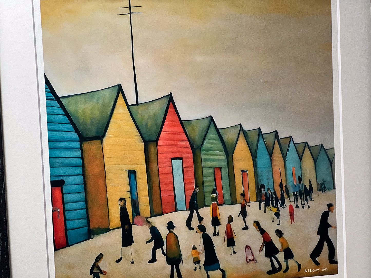 Brighton Beach Huts - Giclée Art Print 21cm Square. Endearing Image in the Style Of LS Lowry