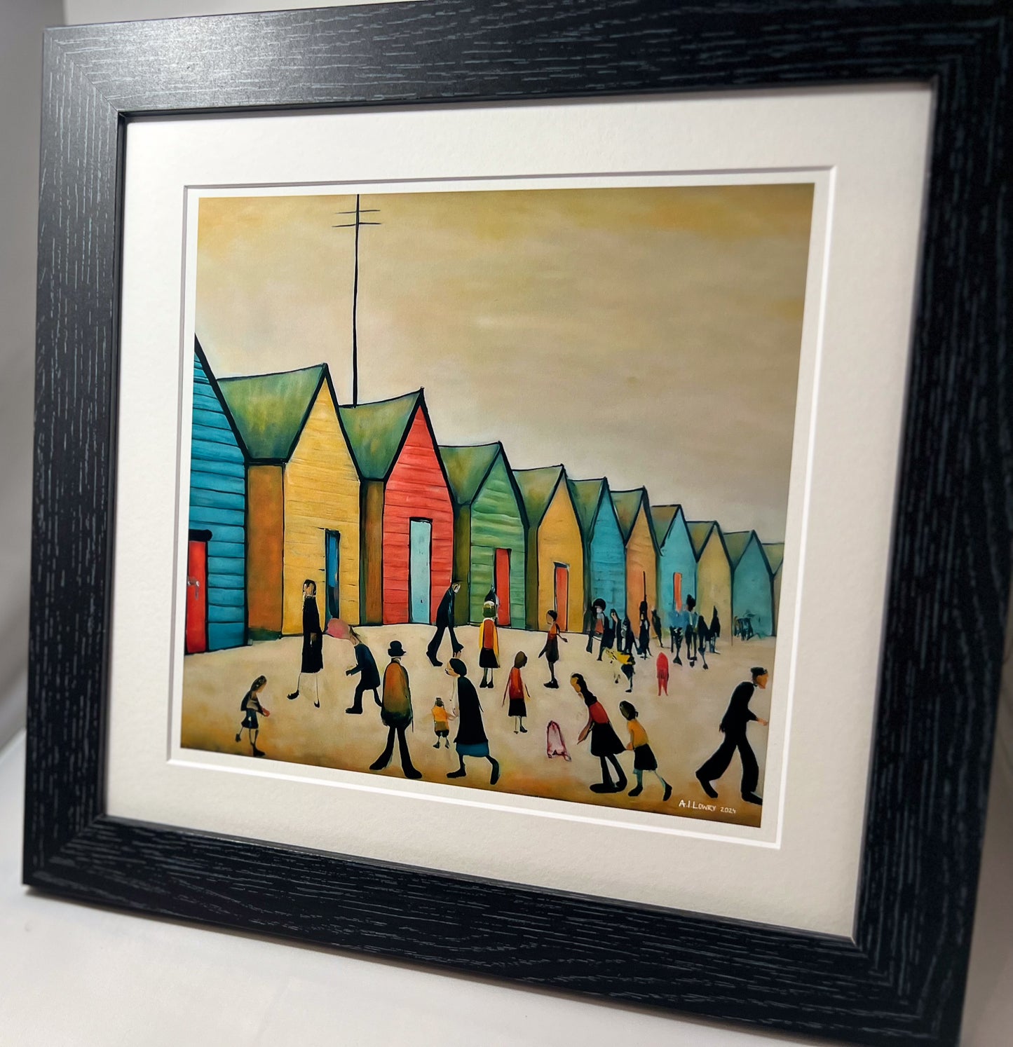 Brighton Beach Huts - Giclée Art Print 21cm Square. Endearing Image in the Style Of LS Lowry