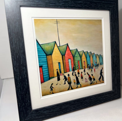 Brighton Beach Huts - Giclée Art Print 21cm Square. Endearing Image in the Style Of LS Lowry